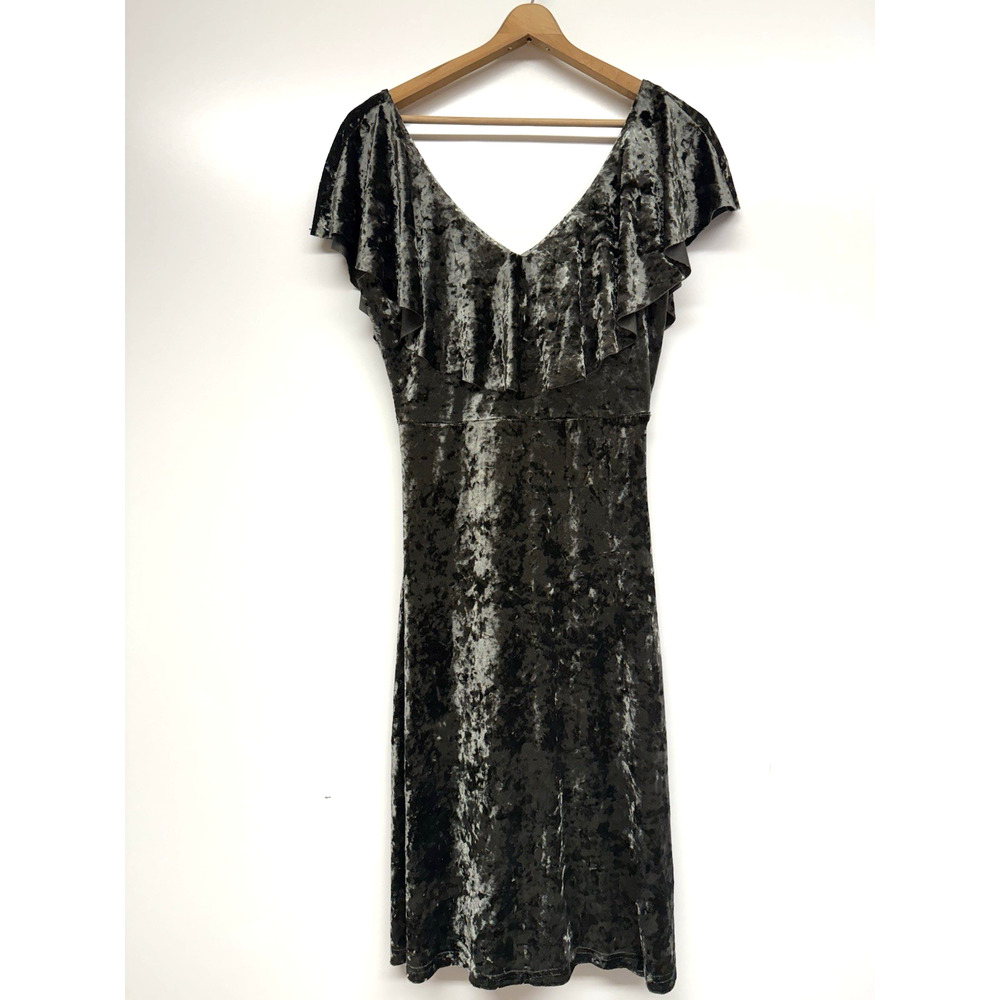 PPLA Crushed Green Velvet Dress Womens Small V neck Ruffle Sleeveless